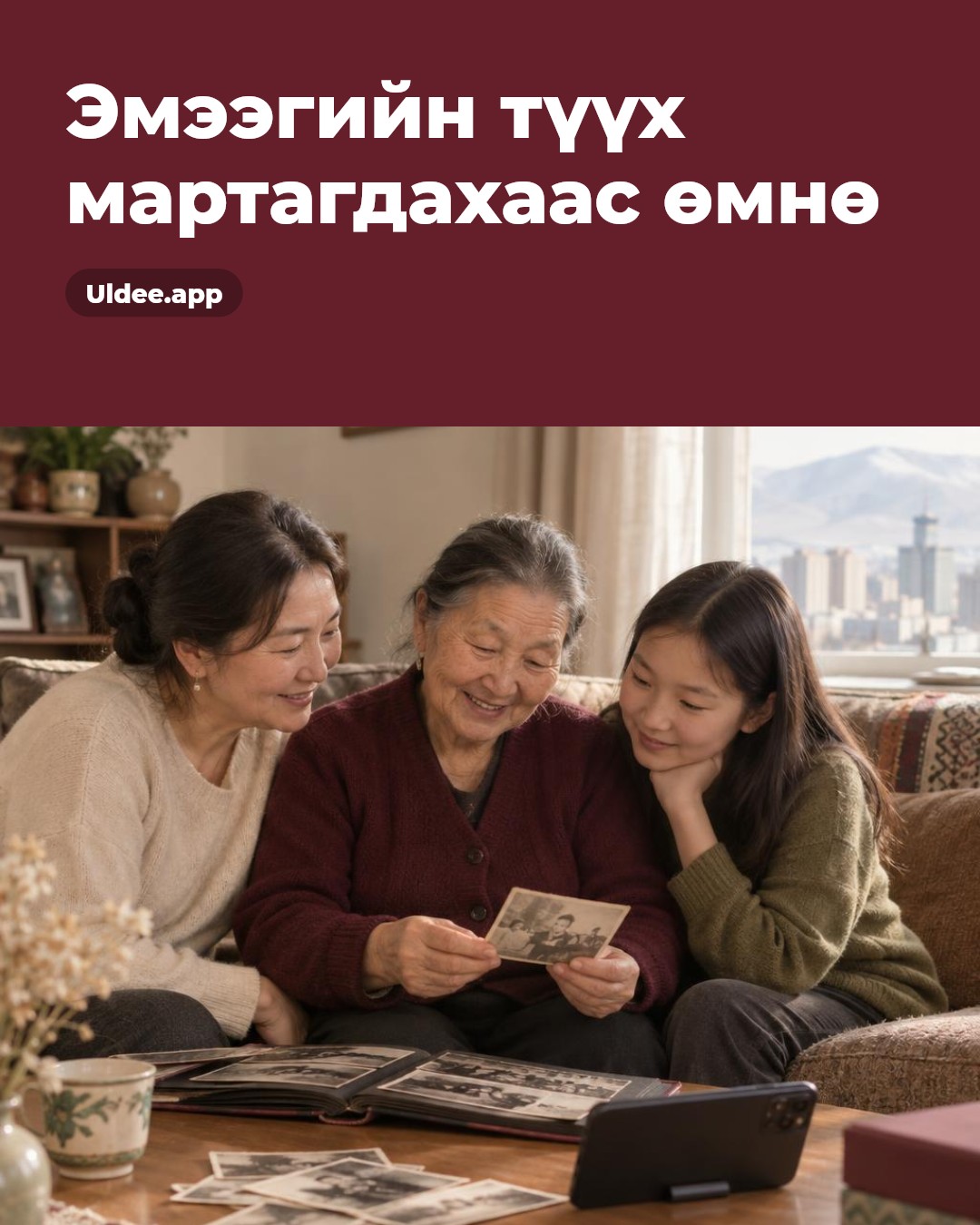 Uldee.app брэндийн пост: бордо өнгийн гарчигтай
